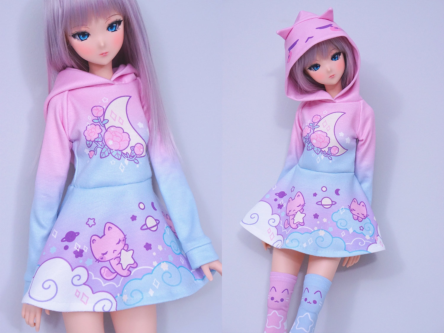 Clothes for Smart Doll, Cute Pastel Pink and Blue Cat Hoodie Dress