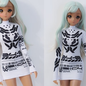 Clothes for Smart Doll Pear or Classic, Bodycon Mini Dress - black cyberpunk graphics on white