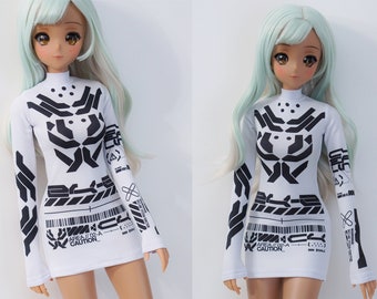 Smart Doll Clothes, Mini Dress with Cyberpunk tech graphics on White