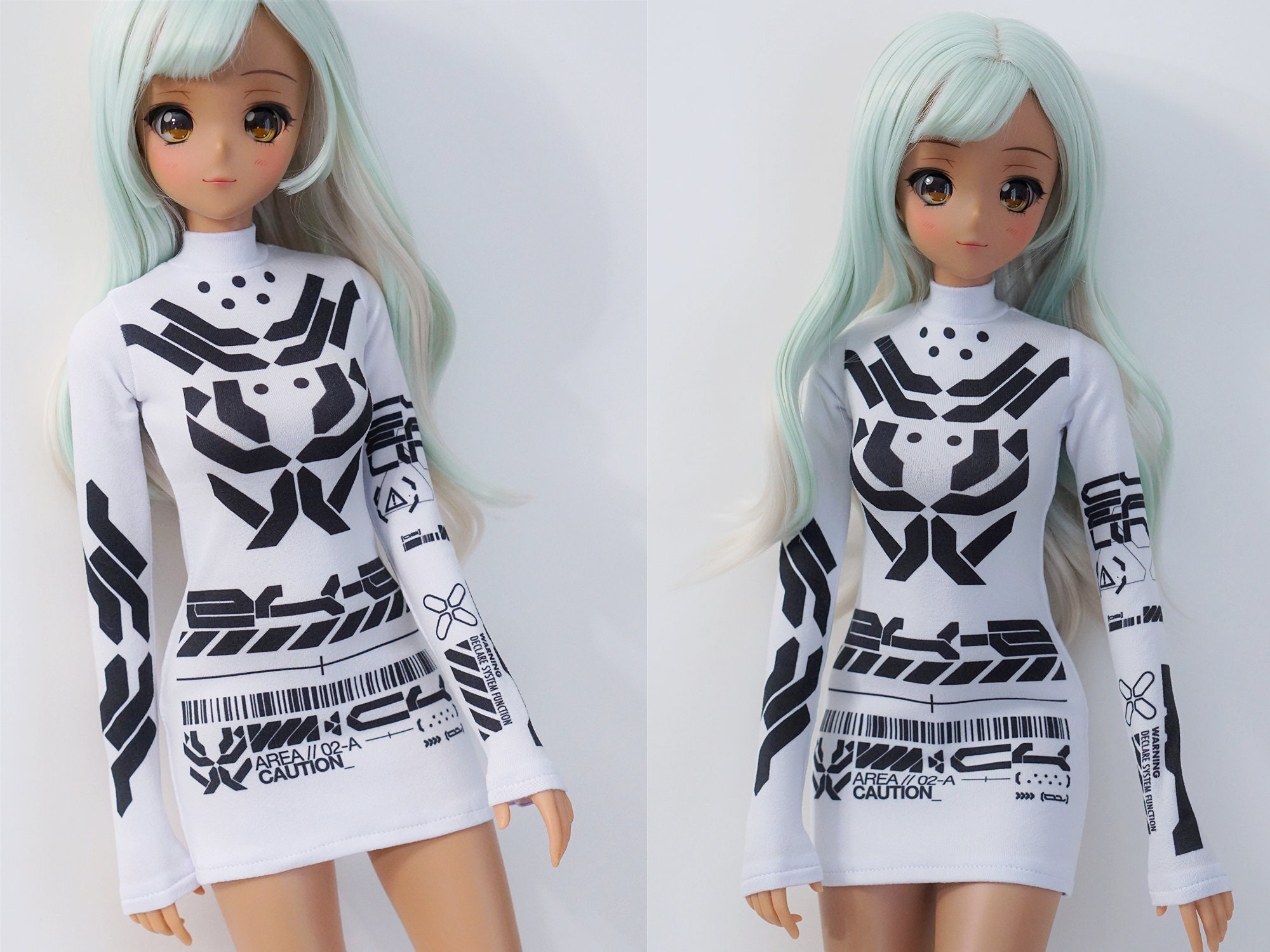 Clothes for Smart Doll Pear or Classic, Bodycon Mini Dress - black cyberpunk graphics on white