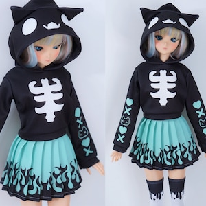 Spooky Cute Clothes for Smart Doll, Black Hoodie Sweater with Demon Kitty graphics