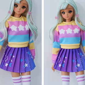 Smart Doll pastel clothing with galaxy pleated skirt and rainbow sweater oufit set