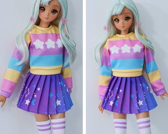 Smart Doll pastel clothing with galaxy pleated skirt and rainbow sweater oufit set