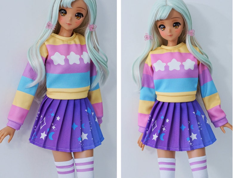 Smart Doll pastel clothing with galaxy pleated skirt and rainbow sweater oufit set image 1