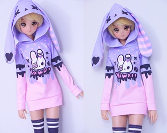 Hoodie for Smart Doll that has bunny ears and features a pastel goth bunny graphic