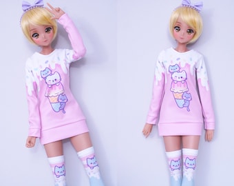 Clothes for Smart Doll Pear or Classic, Cute Pastel Sweater - Pink Ice Cream Cats
