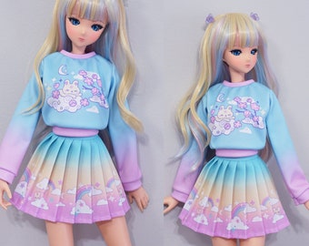 Clothes for Smart Doll, Pleated Skirt and Sweater cute pastel outfit - Sleepy Bunny Sakura