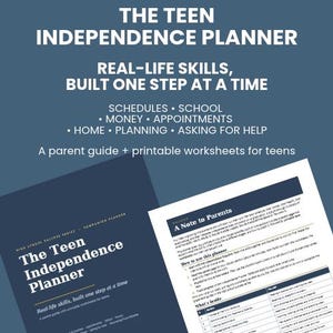 Könnte beinhalten: Der Teen Independence Planner ist ein Leitfaden für lebenspraktische Fähigkeiten, Zeitpläne, Schule, Geld, Termine, Haushaltsplanung und Hilfeersuchen. Er enthält einen Elternratgeber und druckbare Arbeitsblätter für Jugendliche.