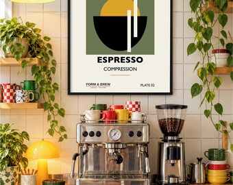 May include: A framed wall art print titled COFFEE STUDIES No. 01 ESPRESSO COMPRESSION FORM & BREW PLATE 02. The graphic features a black bowl shape, a yellow semi-circle, white vertical lines, and orange dots on a muted green square background.
