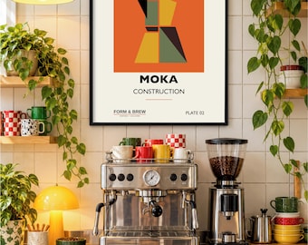 May include: A framed wall art print titled COFFEE STUDIES No. 02 MOKA CONSTRUCTION. The print features a geometric illustration of a moka pot in orange, yellow, and green against a cream background, with black text detailing the series.