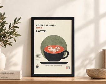 May include: A framed wall art print titled COFFEE STUDIES NO. 6 LATTE. The graphic features a black coffee cup with heart-shaped latte art on a green circular background. Text includes STRONG MEETS SOFT SMOOTH and GRAPHIC STUDIES IN COFFEE CULTURE.