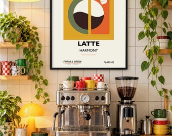 May include: A framed wall art print titled COFFEE STUDIES No. 06 LATTE HARMONY FORM & BREW PLATE 02. The graphic features a split circle design in olive green, cream, and orange on a yellow square background, all set against a cream backdrop.