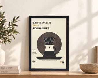 May include: A framed wall art print featuring a cream background with black text that reads COFFEE STUDIES NO. 5 POUR OVER, SLOW POUR CLEAR FLAVOR, and GRAPHIC STUDIES IN COFFEE CULTURE. A central dark circle contains a stylized black coffee dripper.