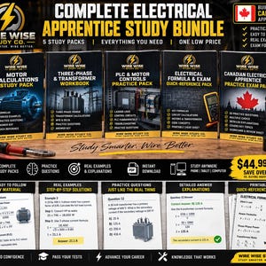 May include: A complete electrical apprentice study bundle featuring five distinct study packs titled Motor Calculations, Three-Phase & Transformer, PLC & Motor Controls, Electrical Formula & Exam, and Canadian Electrical Apprentice Practice Exam.