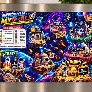 May include: A rectangular magnetic chore chart titled Mission to My Goal with a space theme featuring astronauts, floating asteroids, and numbered stations from 1 to 6. It includes a Pick a Challenge checklist and various small space-themed magnets.