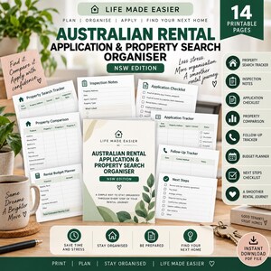 Puede incluir: Un organizador de búsqueda de propiedades y solicitudes de alquiler en Australia de 14 páginas, edición NSW. El conjunto incluye un rastreador de búsqueda, notas de inspección, lista de verificación, comparación y planificador de presupuesto.