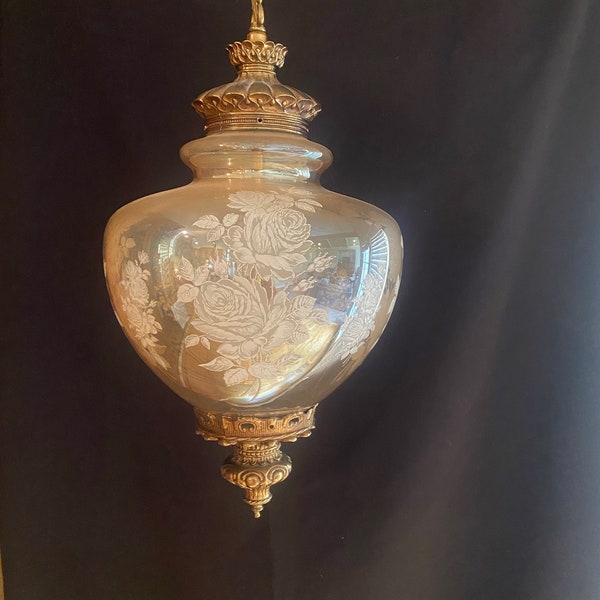 Large Vintage Falkenstein hanging iridescent carnival glass swag lamp with etched roses