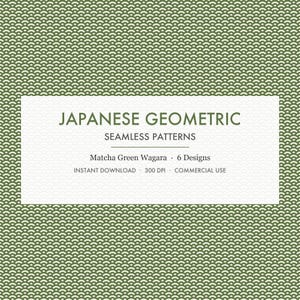 May include: A digital graphic featuring a matcha green background with a white repeating Japanese geometric wave pattern. A central white rectangle contains the text: JAPANESE GEOMETRIC SEAMLESS PATTERNS, Matcha Green Wagara, 6 Designs, 300 DPI.