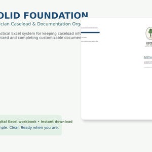 Peut inclure: Un classeur Excel numérique intitulé Solid Foundation pour l'organisation des dossiers et de la documentation des cliniciens. Le document présente un logo avec un arbre et le texte Growth of Mind. C'est un système pratique d'organisation.