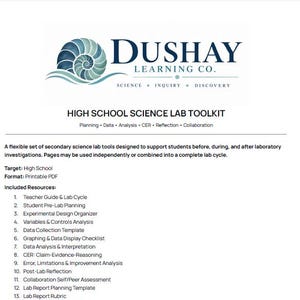May include: A printable PDF document titled High School Science Lab Toolkit by Dushay Learning Co. The document features a blue nautilus shell logo and lists fourteen educational resources including a teacher guide, lab report planning, and rubrics.