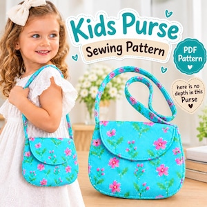 May include: A sewing pattern for a kids purse featuring a bright turquoise fabric with a pink floral print. The text reads Kids Purse Sewing Pattern, PDF Pattern, and here is no depth in this Purse. The purse has a flap and a shoulder strap.