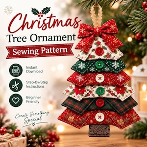 May include: A Christmas tree ornament sewing pattern featuring a fabric tree made of layered, quilted sections in red, green, and white with snowflake and holly prints. The tree is decorated with red and green buttons and a red fabric bow at the top.