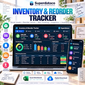 Puede incluir: Software digital de seguimiento de inventario y reordenamiento mostrado en la pantalla de una computadora portátil y un teléfono inteligente. La interfaz muestra paneles de datos con niveles de stock, seguimiento de SKU y alertas.