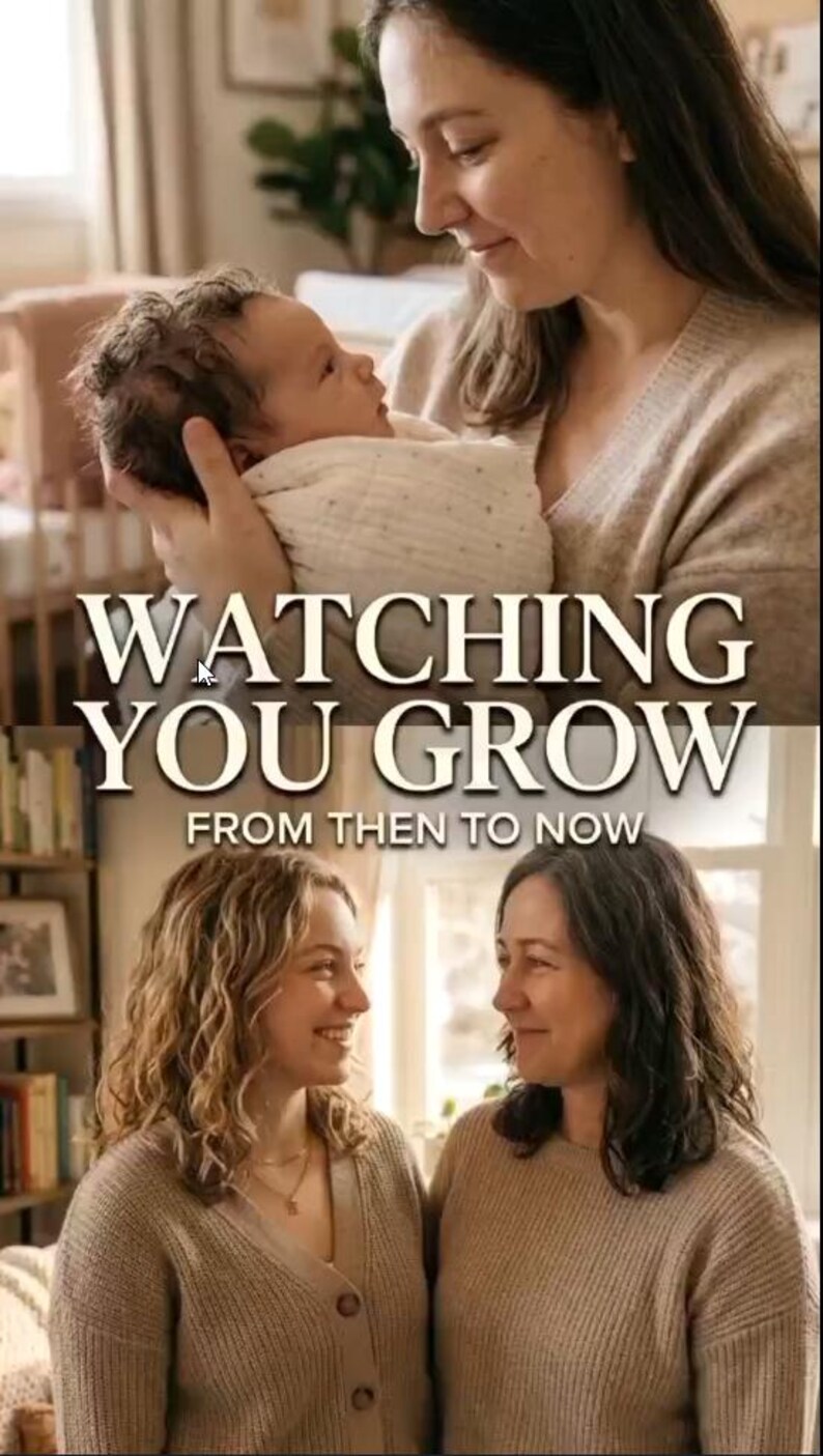 Puede incluir: Una fotograf&iacute;a compuesta vertical que presenta dos escenas. La parte superior muestra a una persona sosteniendo a un reci&eacute;n nacido envuelto en una manta blanca. La parte inferior muestra a dos personas de pie juntas. El texto dice: WATCHING YOU GROW FROM THEN TO NOW.