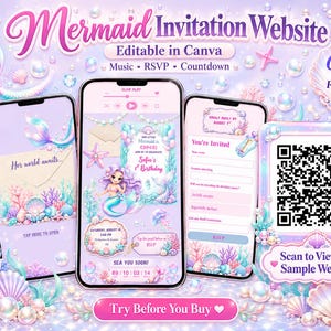 Puede incluir: Tres teléfonos inteligentes muestran un sitio web de invitación con temática de sirena con gráficos acuáticos en morado y rosa, incluyendo un código QR para una muestra, el texto Mermaid Invitation Website y elementos interactivos como RSVP.