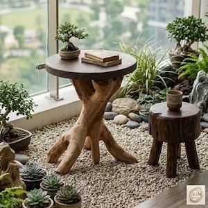 May include: A round wooden side table with a natural root base and a matching cylindrical wooden stool. The table surface holds a small bonsai tree and two stacked books, while the stool supports a small ceramic cup. The wood has a dark finish.