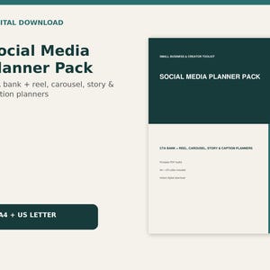 Puede incluir: Un paquete de planificador de redes sociales en descarga digital con un diseño en verde oscuro y crema. Incluye un banco de CTA y planificadores para reels, carruseles, historias y pies de foto. Disponible en tamaños A4 y US Letter para negocios.
