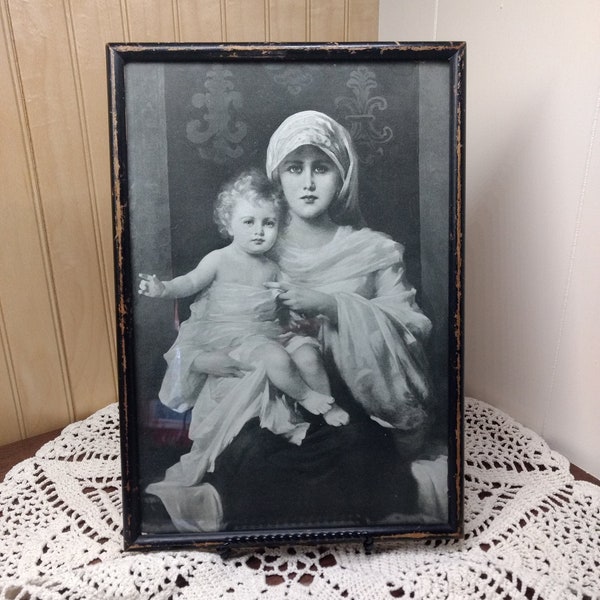 Antique Framed Lithograph Madonna and Christ Child by N. Sichel circa late 1800s to early 1900s