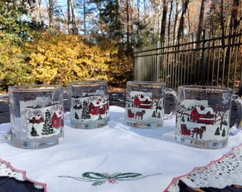 Vintage Set of 4 Libbey Currier and Ives Winter Snow Scene Christmas Mugs