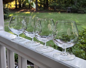 Vintage Princess House Crystal Brandy / Cognac Snifters Set of Four 4 Floral Etched Glass