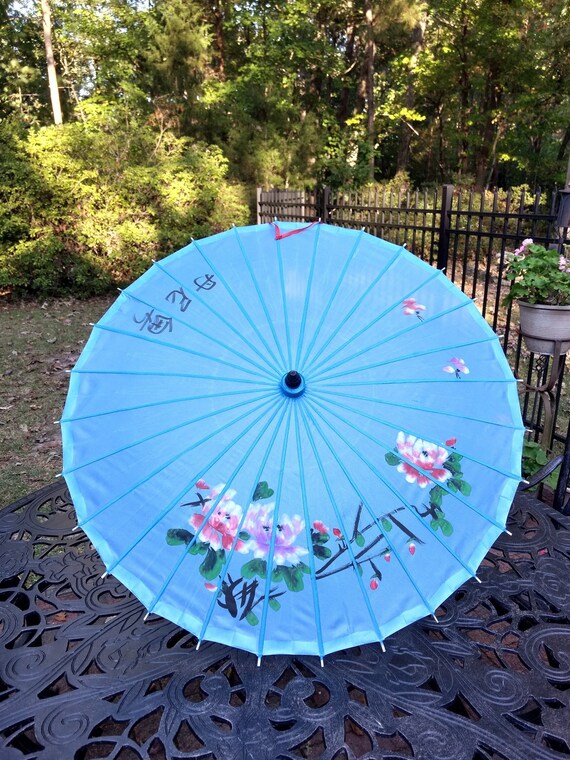 Vintage Japanese Parasol Blue with Painted Flowers Gem