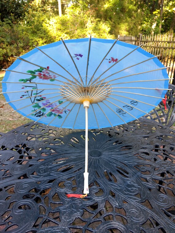 Vintage Japanese Parasol Blue with Painted Flowers Gem