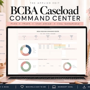 Puede incluir: Una pantalla de portátil muestra el BCBA Caseload Command Center, una hoja de cálculo de Excel para gestionar expedientes, autorizaciones y supervisión. La interfaz incluye gráficos de datos, tablas y una guía de inicio rosa.