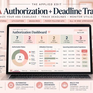 Può includere: Uno schermo di un portatile mostra l'Applied Edit ABA Authorization + Deadline Tracker, un dashboard digitale con grafici, indicatori di stato ed elenchi di clienti. L'interfaccia presenta sezioni codificate a colori in rosa, verde e beige.