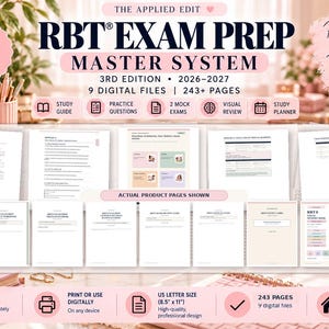 May include: The RBT Exam Prep Master System 3rd Edition 2026-2027 is a digital study resource containing 9 files and over 243 pages. It includes a study guide, practice questions, 2 mock exams, visual review, and a study planner in US letter size.