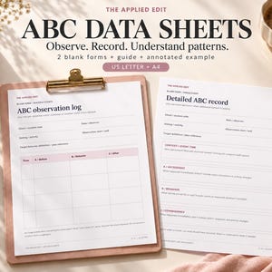 May include: A set of ABC data sheets including an observation log and detailed record form. The documents feature headers like The Applied Edit, ABC observation log, and Detailed ABC record, with blank fields for client codes, dates, and behavior tracking.