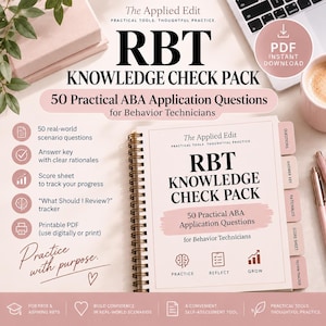 May include: The Applied Edit RBT Knowledge Check Pack is a spiral-bound study guide for behaviour technicians featuring 50 practical ABA application questions, an answer key with rationales, a score sheet, and a review tracker in a printable PDF format.
