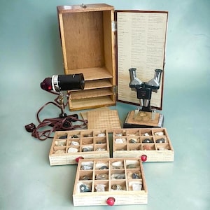 Puede incluir: Un gabinete de almacenamiento de madera vintage que contiene tres cajones extraíbles llenos de pequeños especímenes minerales, un microscopio binocular negro y una lámpara eléctrica negra separada con un cable marrón. La puerta tiene una lista impresa.