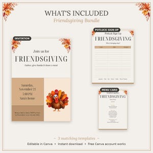 Puede incluir: Un paquete de Friendsgiving con tres plantillas: una invitación, una hoja de registro para comida compartida y una tarjeta de menú. Cada plantilla muestra ilustraciones de hojas otoñales, el texto Friendsgiving y un pavo.