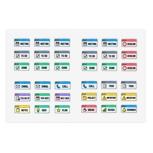 Op de afbeelding: Een stickervel met meerdere rechthoekige iconen die zijn vormgegeven als computervensters. Elk icoon bevat tekst en symbolen voor taken zoals Meeting, To Do, Done, Deadline, Email, Call, Task, Follow Up, This Week, Next Week, Project, Important, Notes, Idea, Plan, Break, Review en Reminder.
