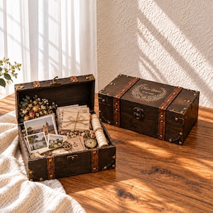May include: Two dark brown wooden storage chests with leather-like straps and metal corner accents. One chest is open, revealing a collection of vintage-style photographs, tied envelopes, a rolled scroll, and a small metal key and compass.