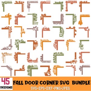 Puede incluir: Una colección de 45 diseños de esquina digitales con motivos otoñales como calabazas, hojas, gnomos, girasoles y textos estacionales como Thankful, Pumpkin Spice y Cozy Fall en tonos naranja, verde y marrón para proyectos de manualidades.