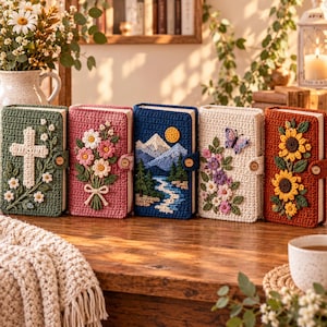 May include: Five rectangular books with textured crochet covers, each featuring a unique button closure. Designs include a white cross with flowers, a bouquet of pink and white flowers, a mountain landscape with a river, a butterfly with floral accents, and sunflowers.