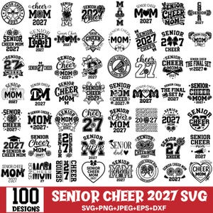 May include: A collection of 100 black and white digital graphic designs featuring the text Senior Cheer 2027, including various fonts, cheerleading pom-poms, megaphones, bows, and heart shapes arranged in a grid for use in crafting and printing projects.