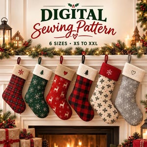 Cartamodello PDF per calza di Natale, 6 taglie, decorazioni natalizie fai da te, cucito per le feste, calza di Natale personalizzata, download digitale