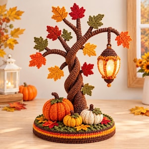 May include: A crocheted autumn tree sculpture featuring a twisted brown trunk, colorful maple leaves in red, orange, yellow, and green, and three crocheted pumpkins at the base. A glowing crocheted lantern hangs from a branch on the right side.